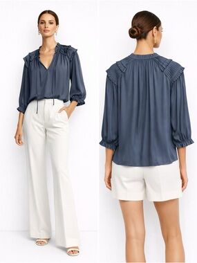 Ulla Johnson Amaya Blouse Midnight Blue Ruffle Draped Top Size 6